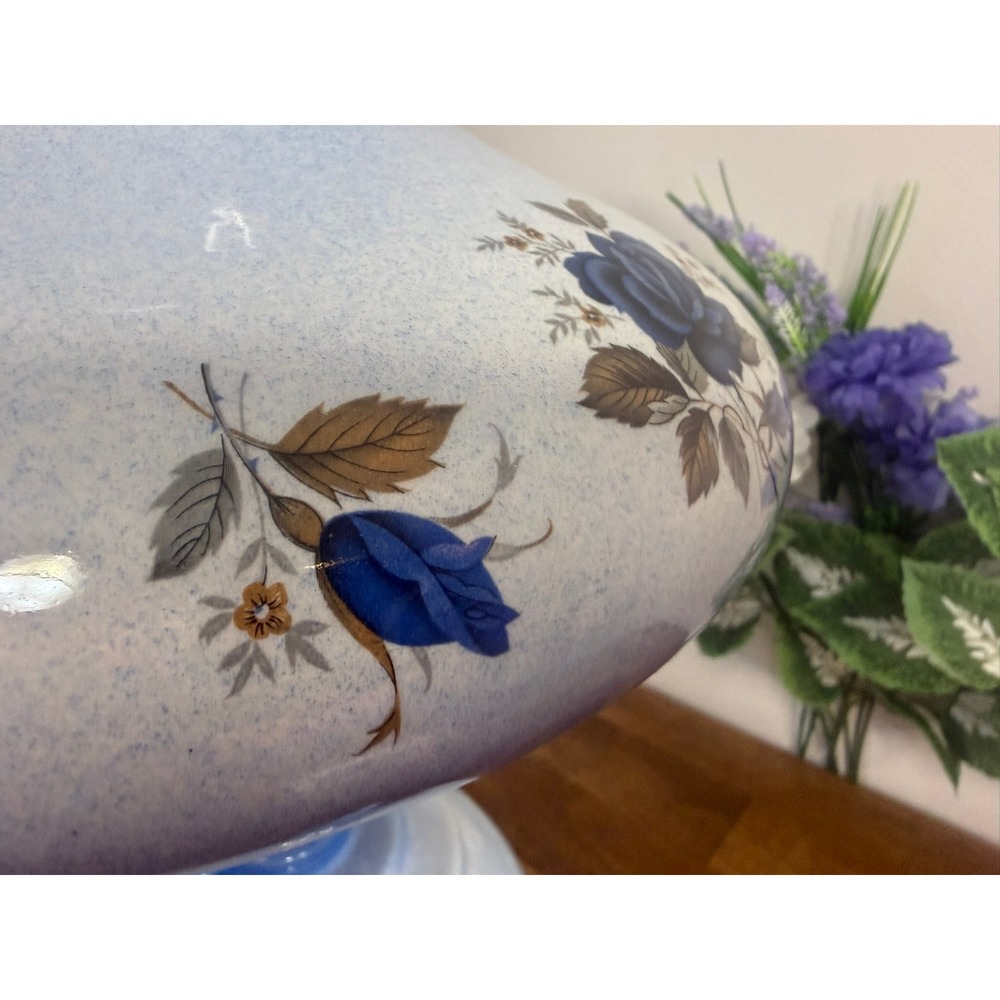 Vintage Blue Milk Glass Table Lamp Hand Painted Floral Hurricane Shade 3 Way - Picture 14 of 15